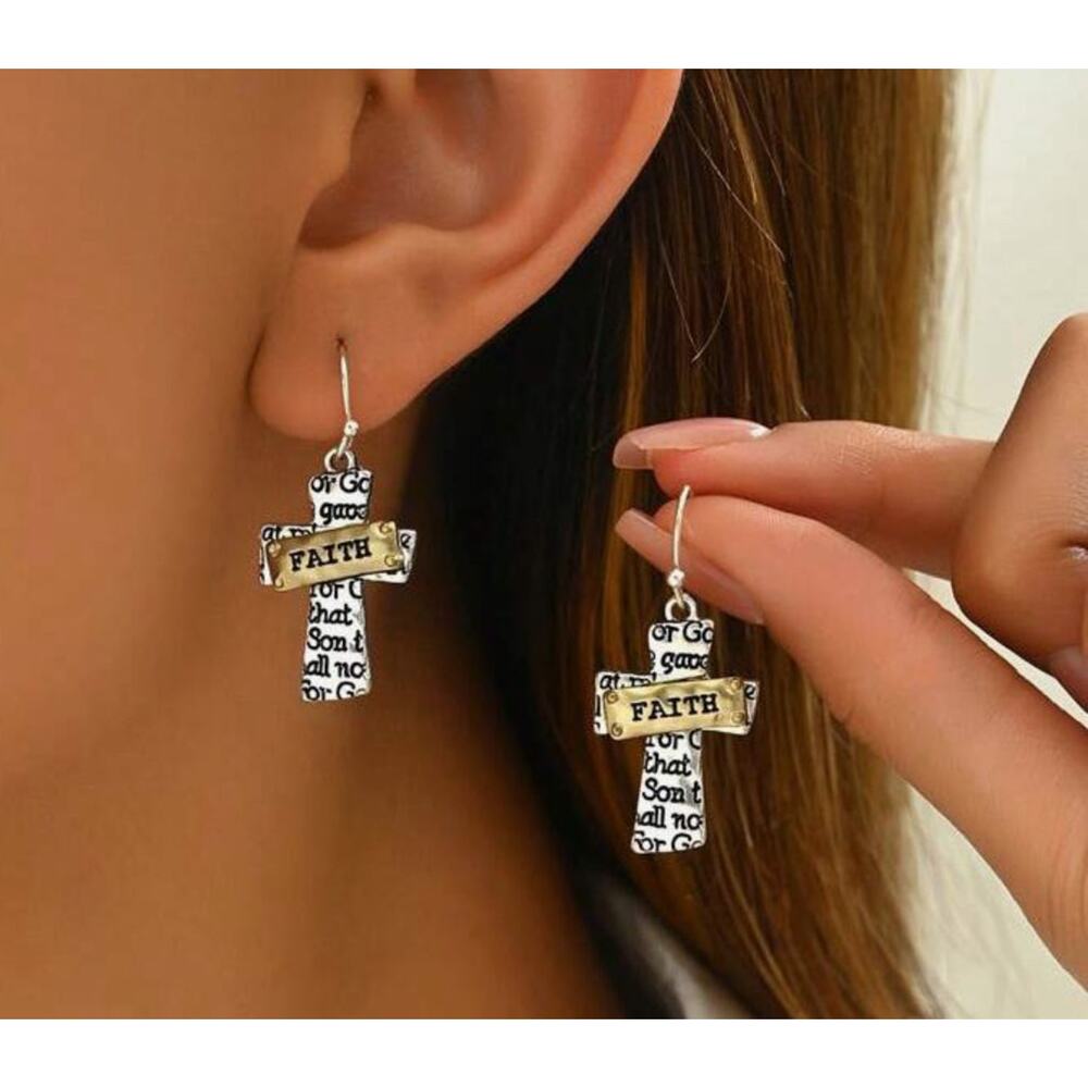 Pierced 1 1/2" silver and gold FAITH dangle cross earrings